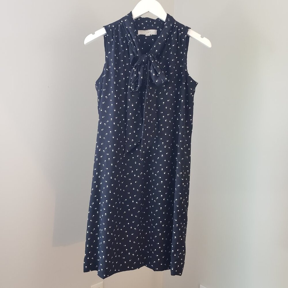 Loft Black & White Pawprint Tie Neck Dress - Picture 2 of 6